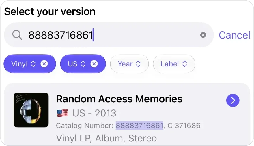 Select your version with 88883716861 typed into the search field and the Vinyl and US filters on, highlighting the matching catalog number of a 2013 US vinyl LP of Random Access Memories