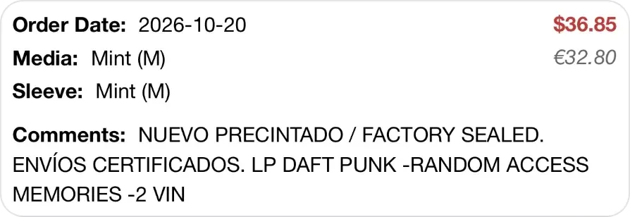 One order in Discogs’ sales history: Order Date 2026-10-20, Media Mint (M), Sleeve Mint (M), $36.85 (€32.80) and a seller comment beginning NUEVO PRECINTADO / FACTORY SEALED