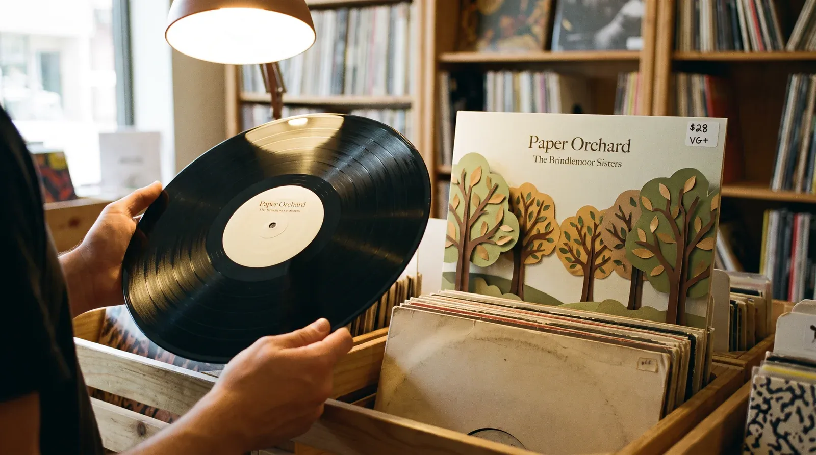 Illustration of two hands holding a fictional LP, Paper Orchard by The Brindlemoor Sisters, by its edges under a lamp in a record shop, with its sleeve, marked with a $28 VG+ sticker, standing in a crate of used records