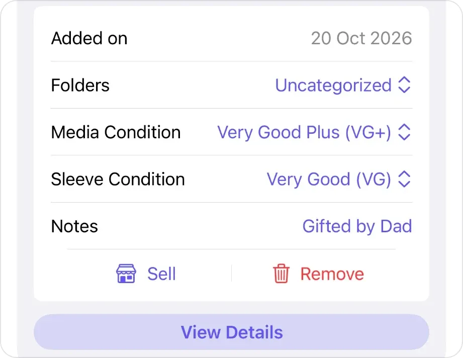 VinylBox scan sheet after saving a release: Added on 20 Oct 2026, Folders Uncategorized, Media Condition Very Good Plus (VG+), Sleeve Condition Very Good (VG) and Notes Gifted by Dad, then Sell, Remove and View Details buttons