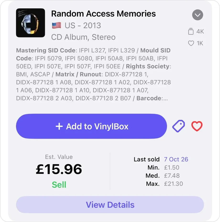 An opened CD result in VinylBox: the 2013 US CD of Random Access Memories with its Mastering SID Code, Mould SID Code, Rights Society and Matrix / Runout lines, the + Add to VinylBox button with tag and heart buttons, Est. Value £15.96 with Sell, Last sold 7 Oct 26 with Min., Med. and Max. prices, and View Details