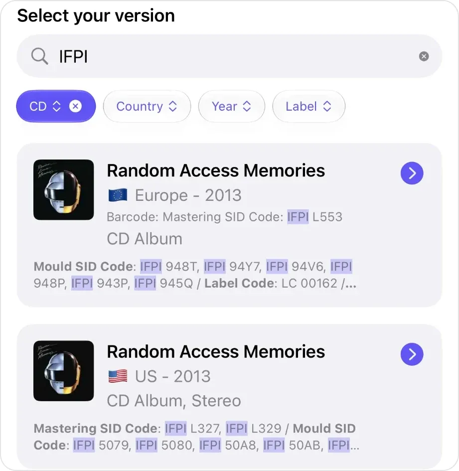 Select your version in VinylBox filtered to CD, with IFPI typed in the search: a 2013 Europe CD and a 2013 US CD of Random Access Memories, with IFPI highlighted in their Mastering SID and Mould SID codes
