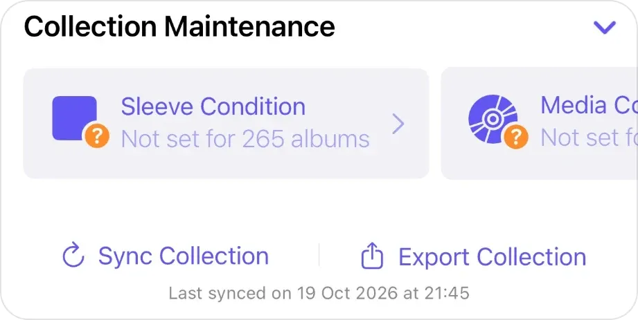 Collection Maintenance in VinylBox: a Sleeve Condition card, not set for 265 albums, beside a Media Condition card, then Sync Collection and Export Collection buttons, last synced on 19 Oct 2026 at 21:45