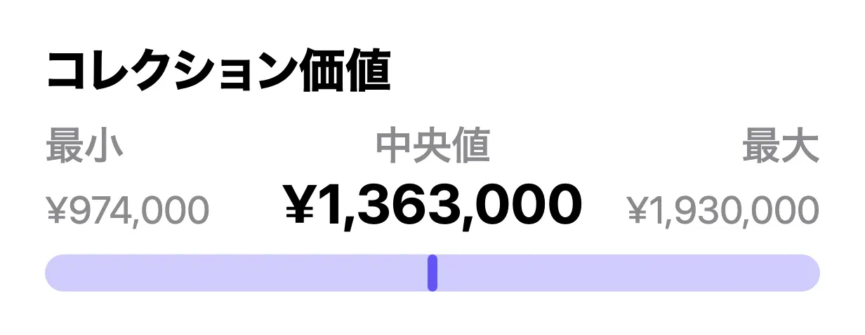 VinylBoxの「コレクション価値」カード。レコードコレクションの価値を最小・中央値・最大で表示している