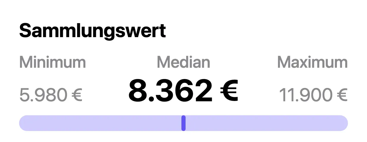 Karte „Sammlungswert“ in VinylBox mit Minimum, Median und Maximum für eine Plattensammlung