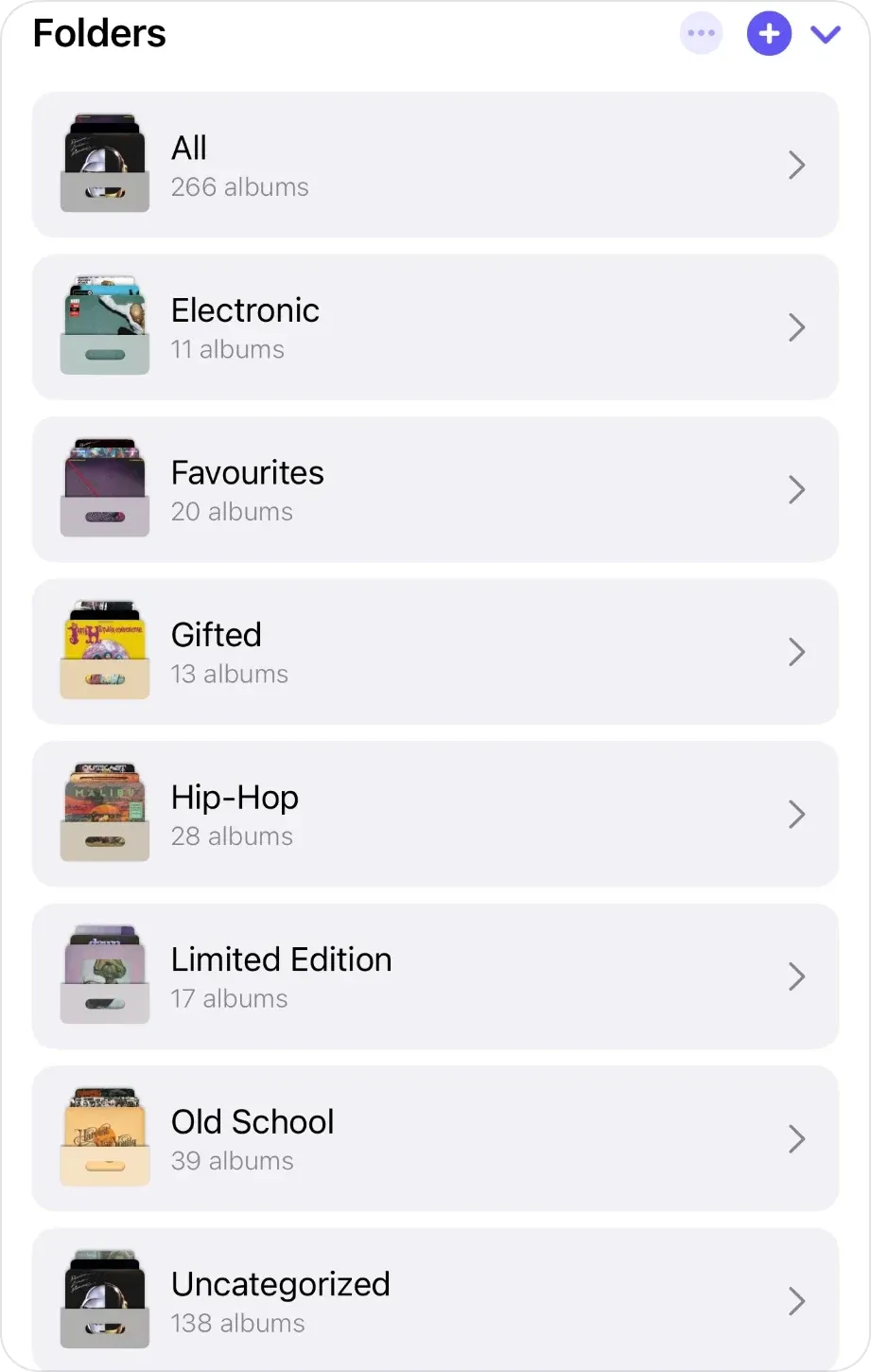 The Folders list in My VinylBox: All with 266 albums, then folders named by genre and theme, such as Electronic, Gifted, Hip-Hop and Limited Edition, and Uncategorized with 138 albums