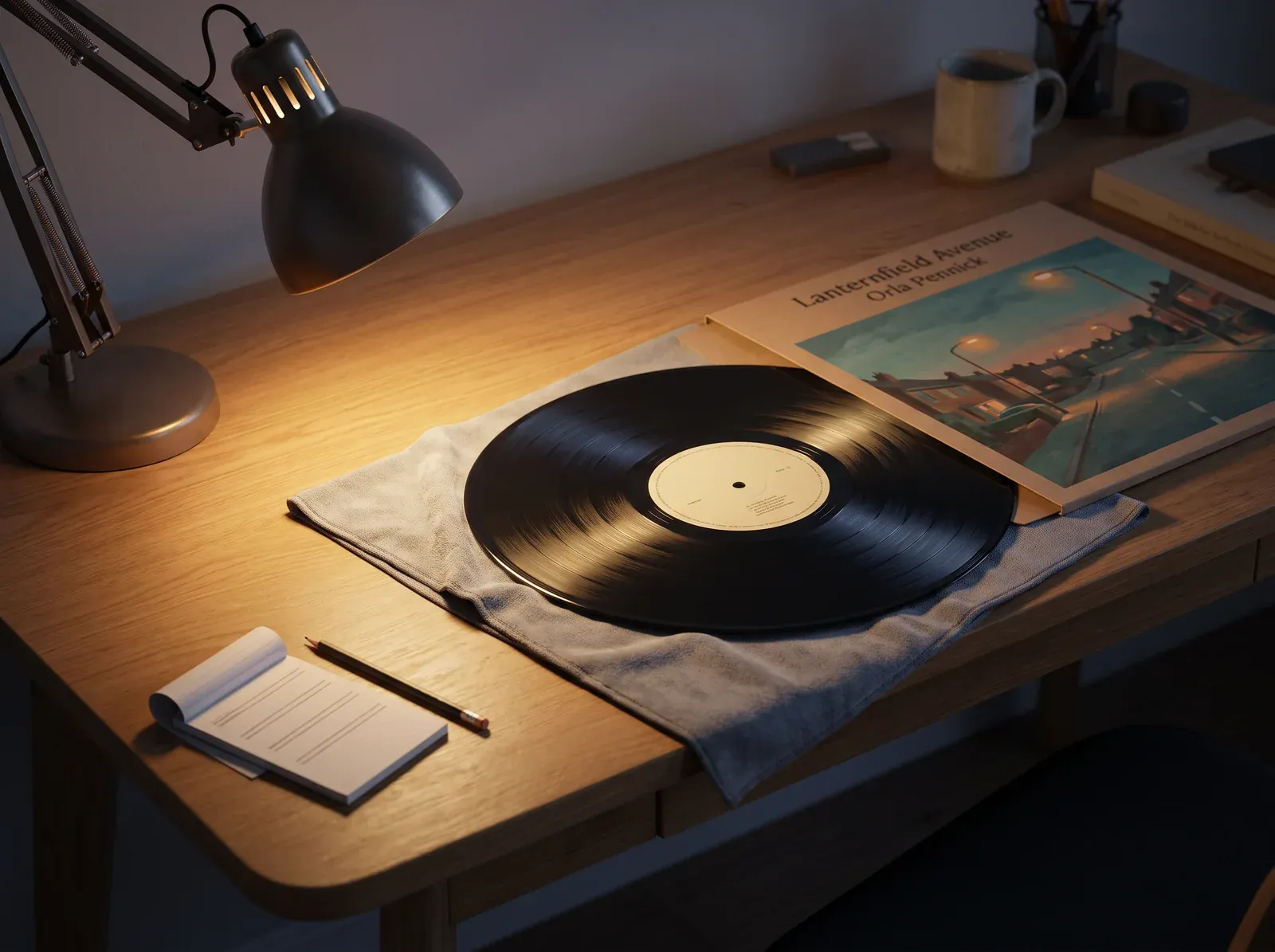Illustration of a black LP on a gray cloth, half out of its sleeve, which shows a painted avenue under streetlights and the words Lanternfield Avenue and Orla Pennick, lit by an angled desk lamp beside a notepad and pencil