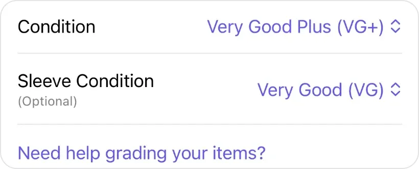 Condition set to Very Good Plus (VG+), Sleeve Condition (Optional) set to Very Good (VG), and a Need help grading your items? link below them
