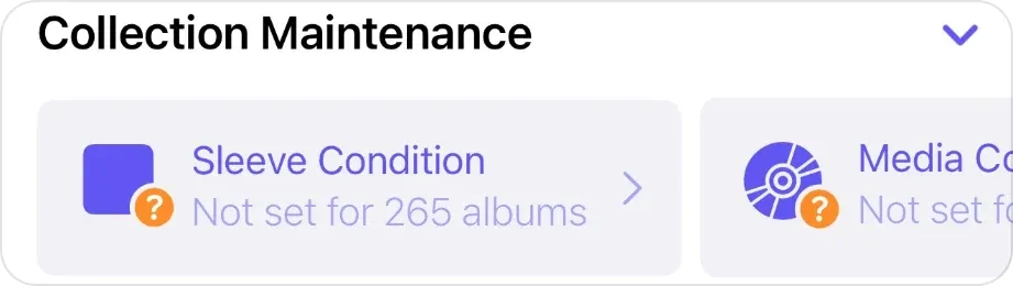 Collection Maintenance in VinylBox: a Sleeve Condition card reading Not set for 265 albums, beside a partly visible Media Condition card