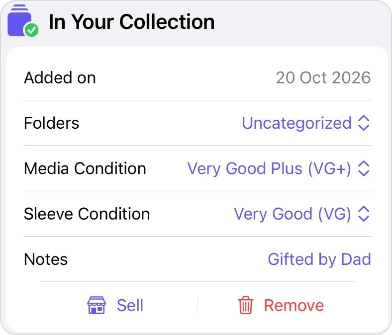 In Your Collection in VinylBox: Added on 20 Oct 2026, Folders Uncategorized, Media Condition Very Good Plus (VG+), Sleeve Condition Very Good (VG) and Notes Gifted by Dad, above Sell and Remove buttons