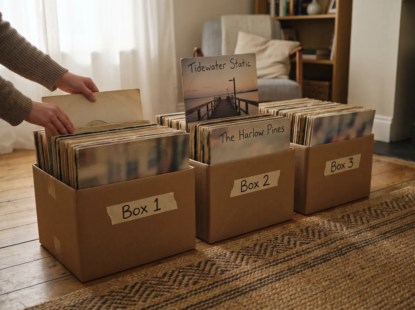 Illustration of three cardboard boxes labeled Box 1, Box 2 and Box 3 on a living-room floor, each packed with upright LPs, the fictional LP Tidewater Static raised in Box 2, and hands lifting a record out of Box 1 by its edges