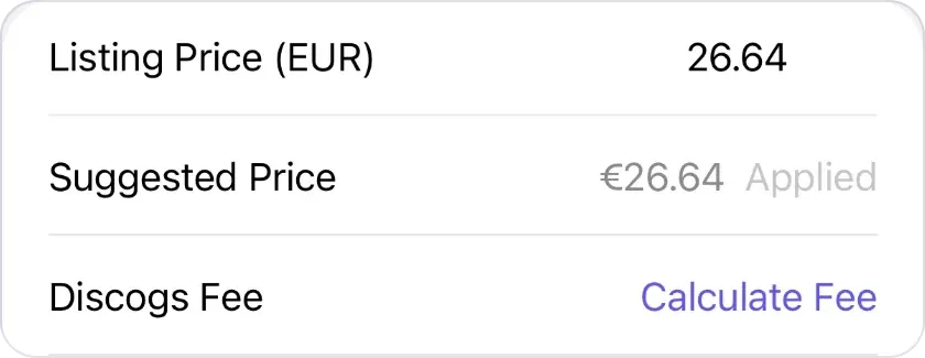 Listing Price (EUR) 26.64, Suggested Price €26.64 Applied and Discogs Fee with a Calculate Fee link in the VinylBox New Listing form