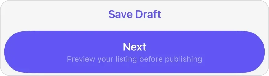 Save Draft above a Next button with the subtitle Preview your listing before publishing