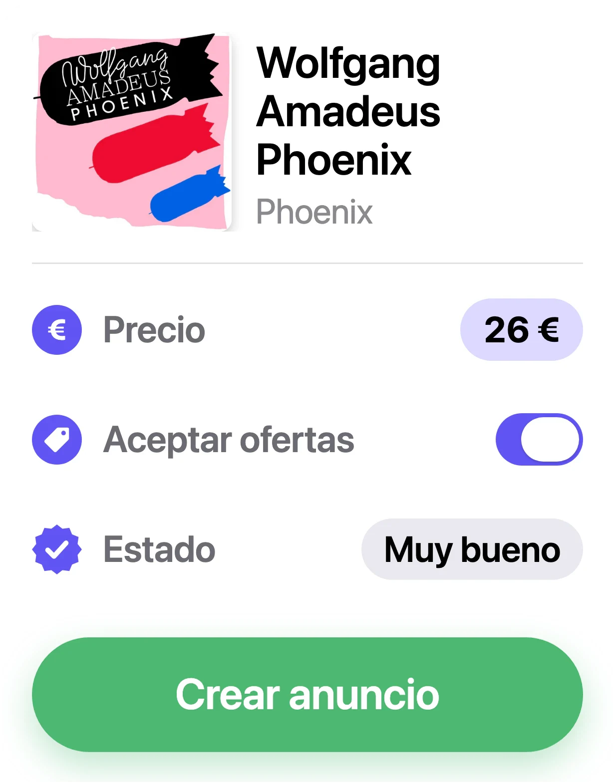 Creación de un anuncio en el Marketplace de Discogs desde VinylBox, con precio, estado y Aceptar ofertas