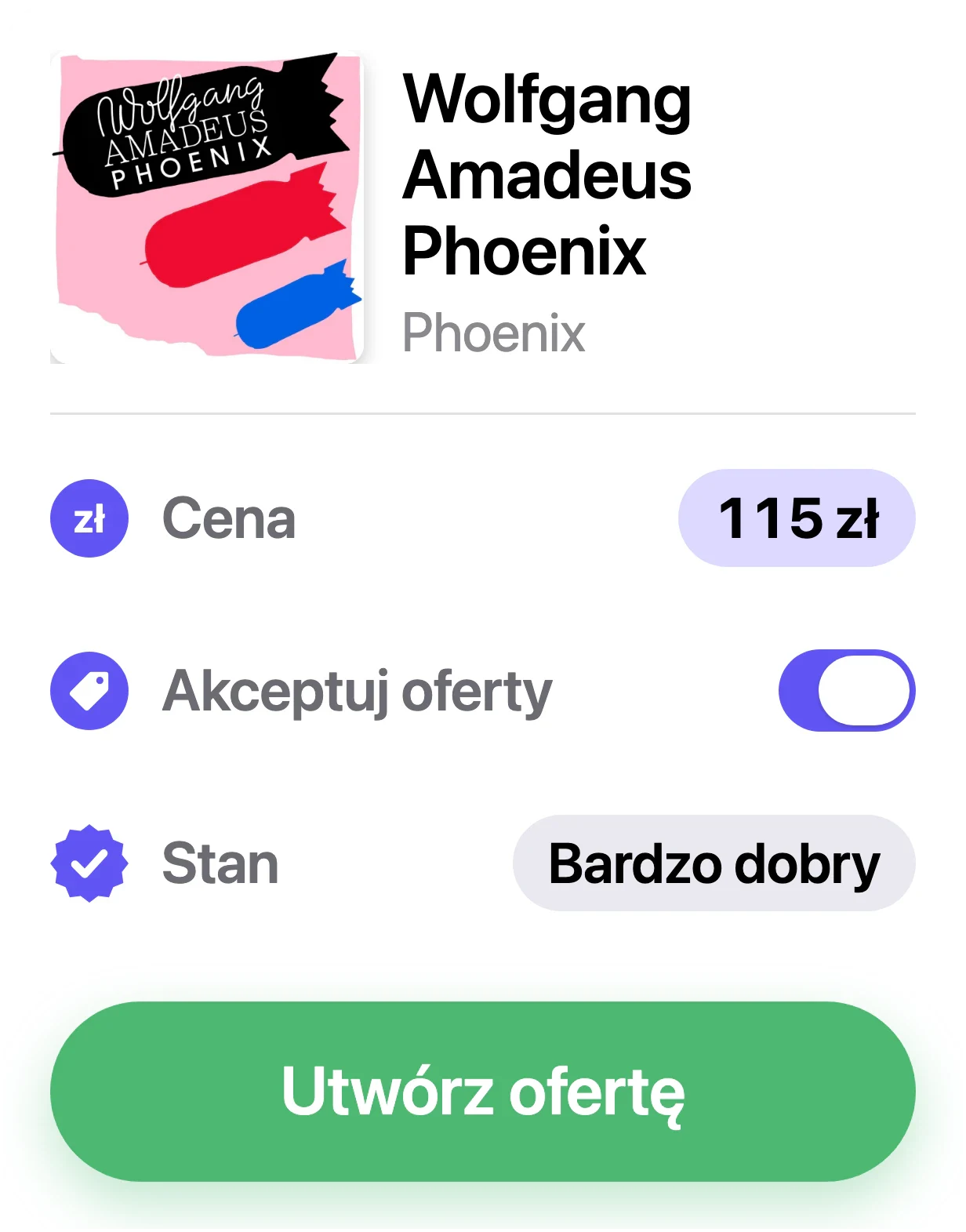 Tworzenie oferty na rynku Discogs w VinylBox, z ceną, stanem i opcją Akceptuj oferty