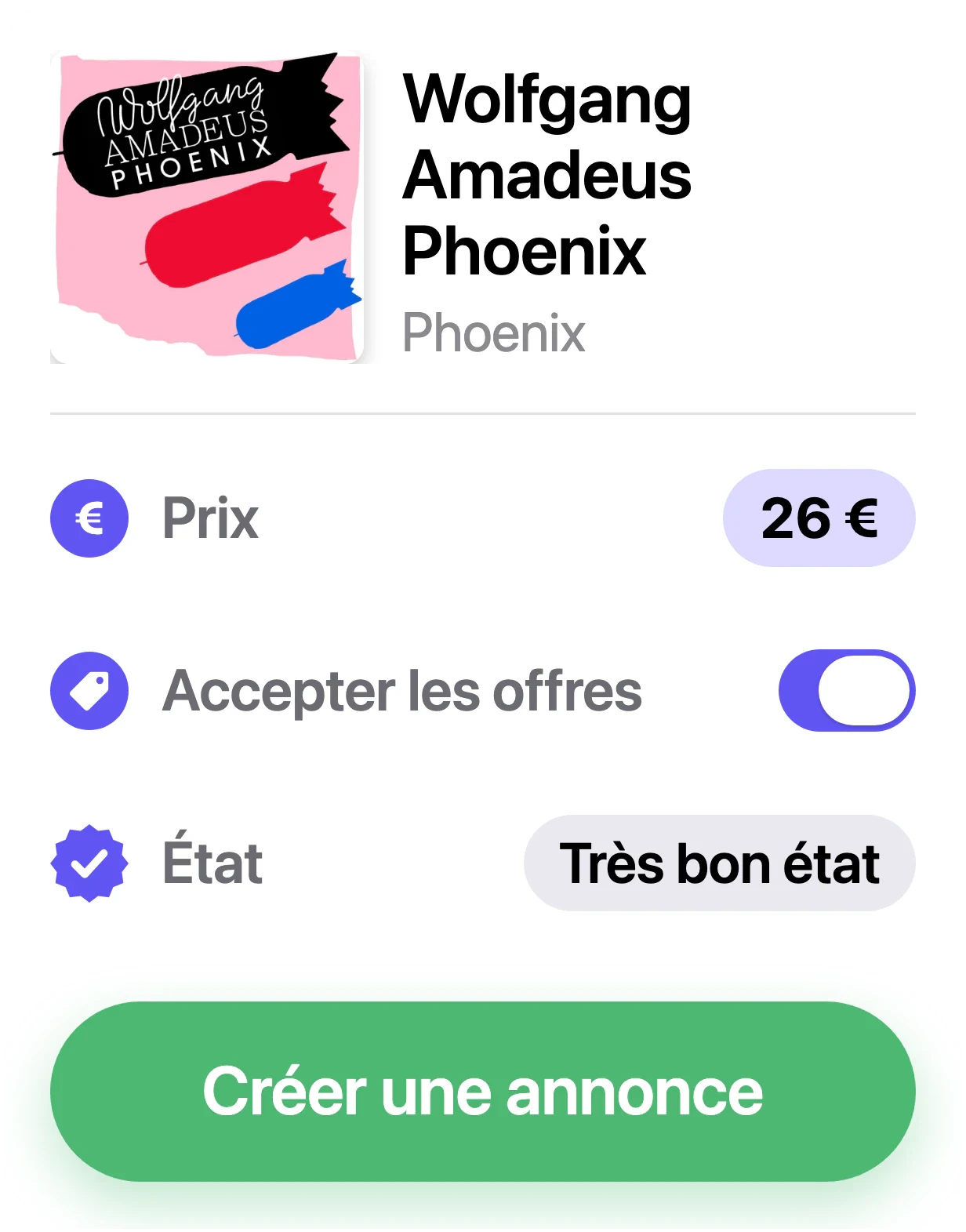 Création d’une annonce sur la Marketplace Discogs dans VinylBox, avec le prix, l’état et l’option Accepter les offres