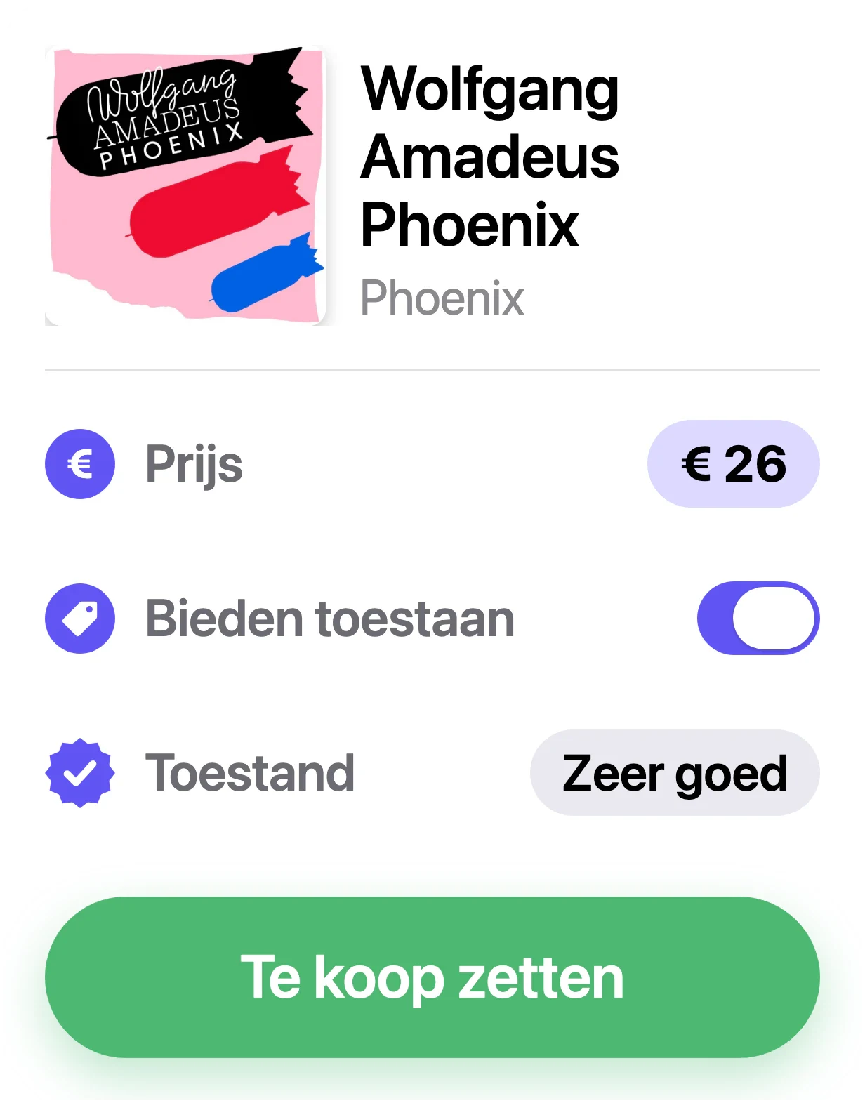 Een aanbieding op de Discogs Marketplace maken in VinylBox, met prijs, toestand en “Bieden toestaan”