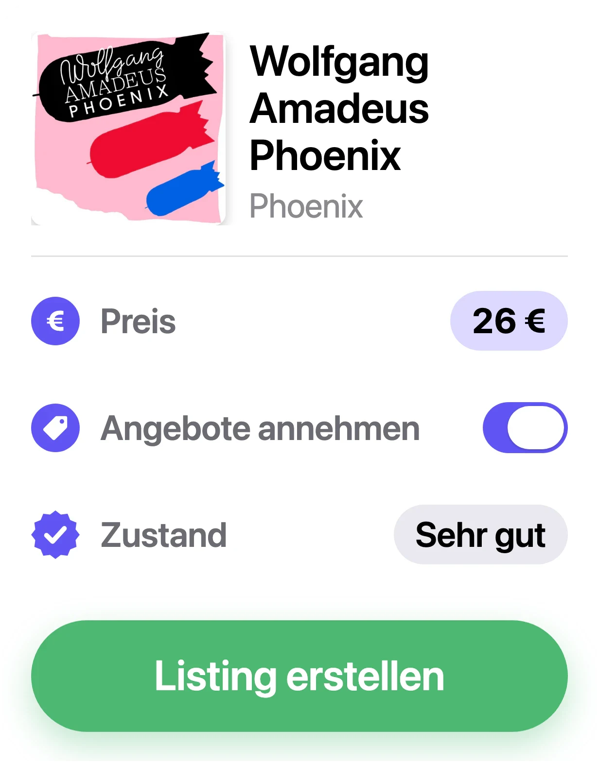 Ein Listing für den Discogs Marketplace in VinylBox erstellen, mit Preis, Zustand und „Angebote annehmen“