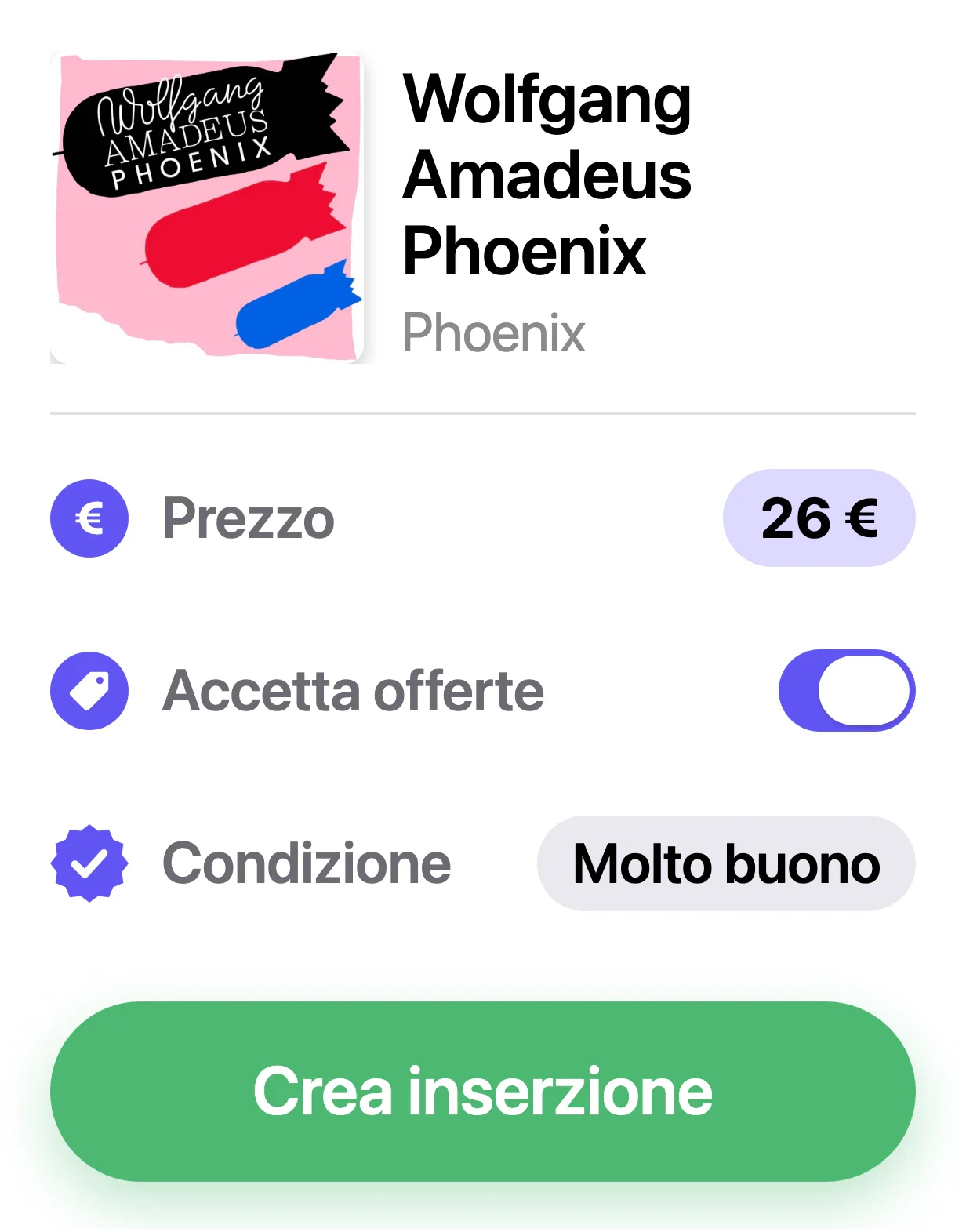 Creazione di un’inserzione sul Marketplace di Discogs in VinylBox, con prezzo, condizione e Accetta offerte