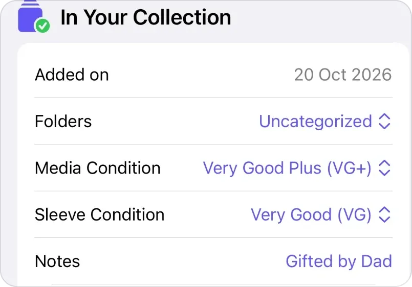 The In Your Collection section of a release page in VinylBox: Added on 20 Oct 2026, Folders set to Uncategorized, Media Condition Very Good Plus (VG+), Sleeve Condition Very Good (VG) and the note Gifted by Dad