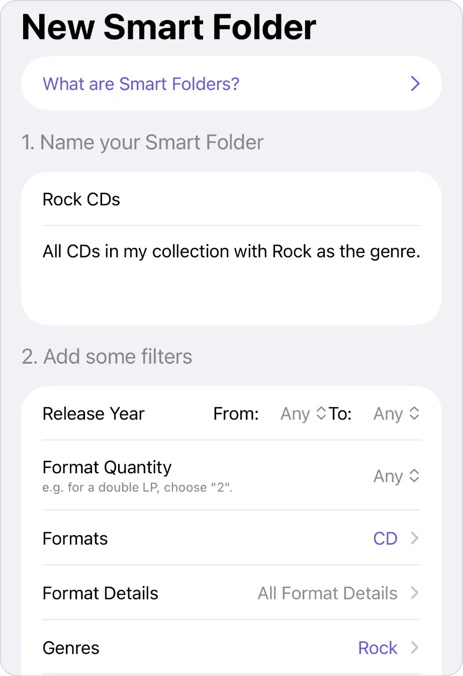 The New Smart Folder screen in VinylBox: a What are Smart Folders? link, then the name Rock CDs with the description All CDs in my collection with Rock as the genre, then filters for Release Year from Any to Any, Format Quantity Any, Formats set to CD, Format Details set to All Format Details and Genres set to Rock