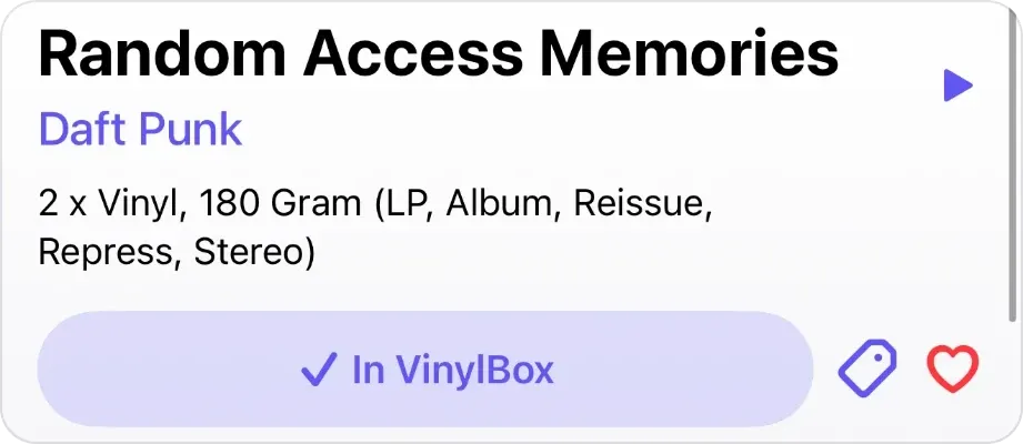 The top of a release page in VinylBox for Random Access Memories by Daft Punk, 2 x Vinyl, with the ✓ In VinylBox button and a tag button and a heart button beside it