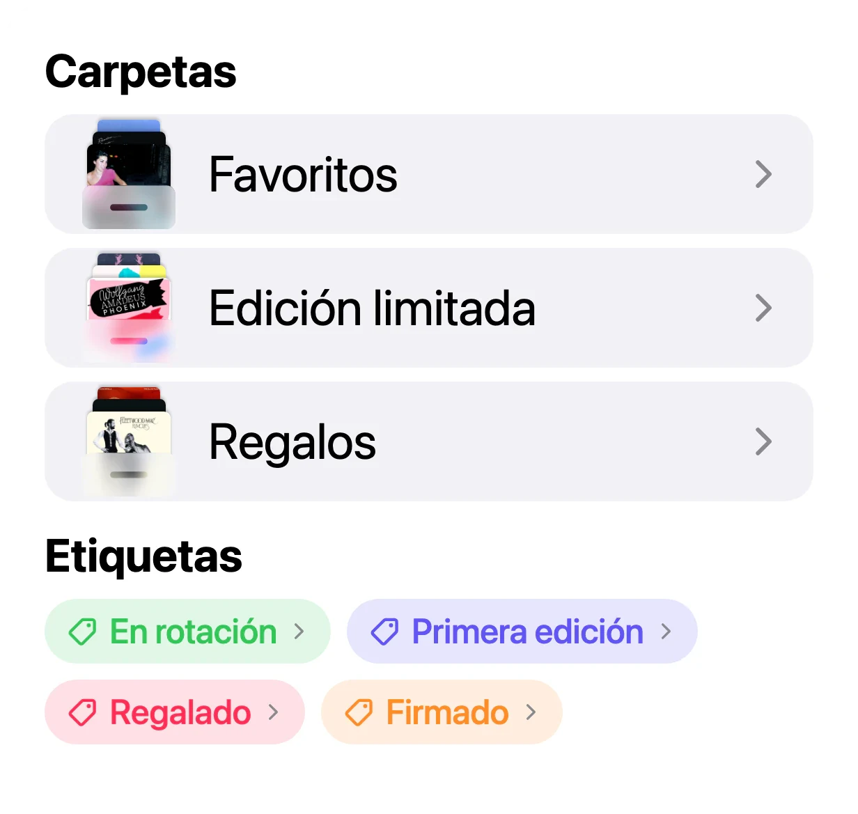Carpetas y etiquetas para organizar una colección de discos en VinylBox