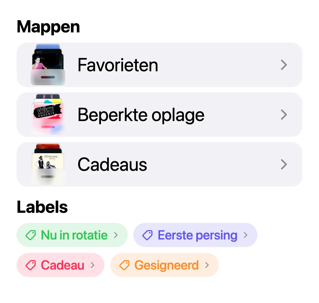 Een platencollectie in VinylBox, geordend met mappen en labels