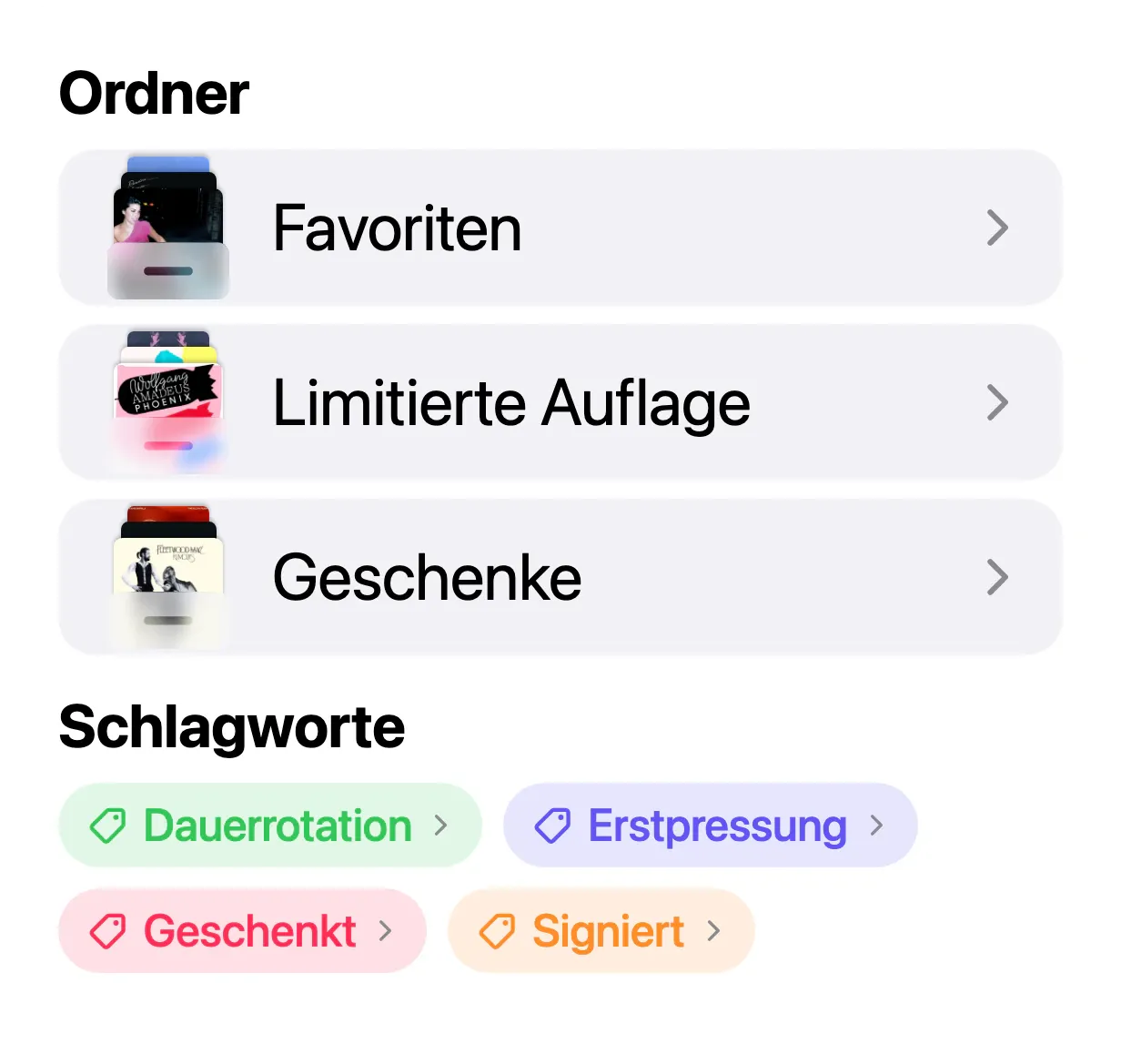 Drei Ordner in VinylBox, „Favoriten“, „Limitierte Auflage“ und „Geschenke“, über den Schlagworten „Dauerrotation“, „Erstpressung“, „Geschenkt“ und „Signiert“