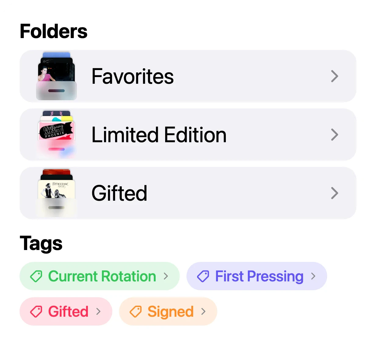 Folders and tags organizing a record collection in VinylBox