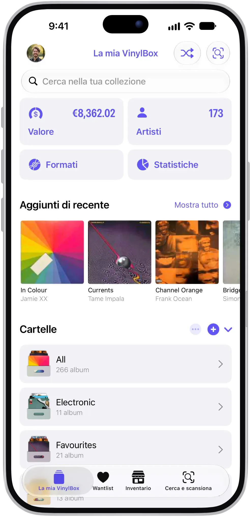 “La mia VinylBox” su iPhone: il campo “Cerca nella tua collezione”, le schede “Valore” e “Artisti”, i pulsanti “Formati” e “Statistiche”, la riga “Aggiunti di recente” con le copertine degli album e l’inizio dell’elenco “Cartelle”