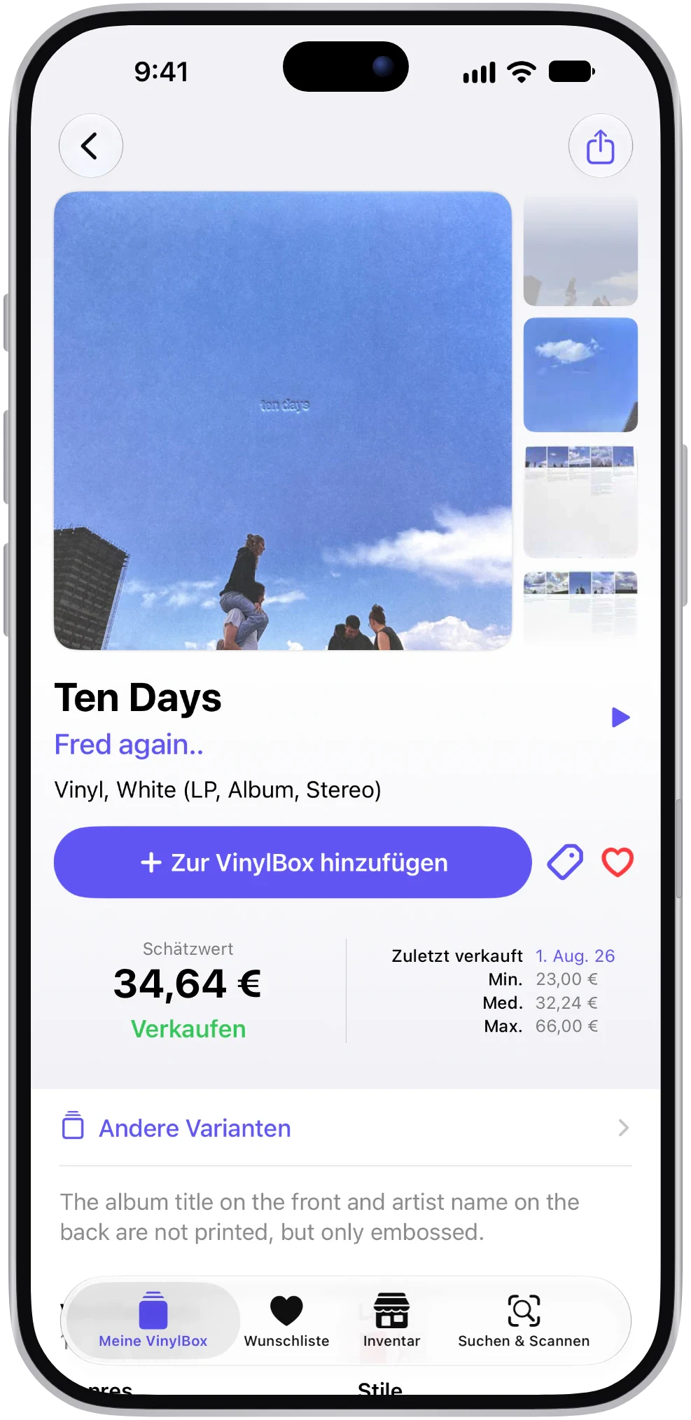 Eine Veröffentlichung in VinylBox mit Schätzwert sowie Minimum, Median und Maximum der jüngsten Verkaufspreise