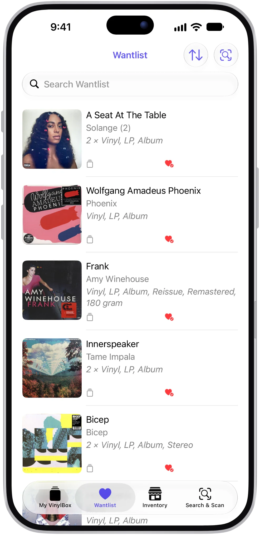 Your Discogs Wantlist in VinylBox, with the cover, artist, title and format of each album