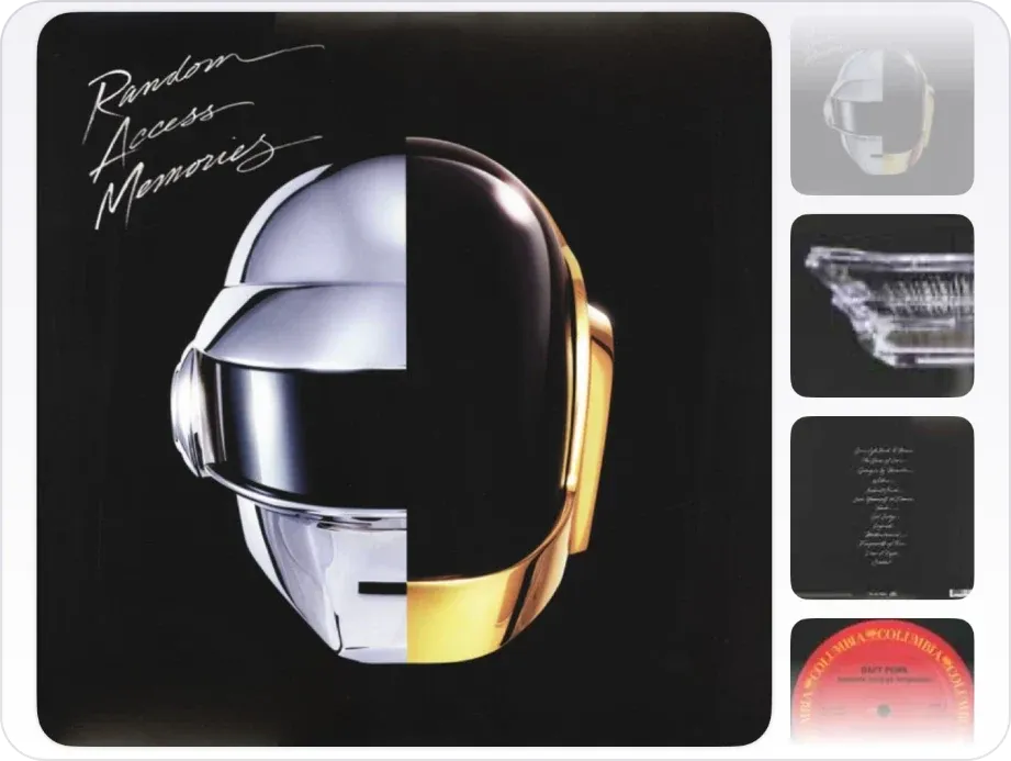 Photo gallery of a VinylBox release page for Daft Punk’s Random Access Memories: the large front cover beside a column of thumbnails, among them the back cover with its tracklist and a red Columbia center label