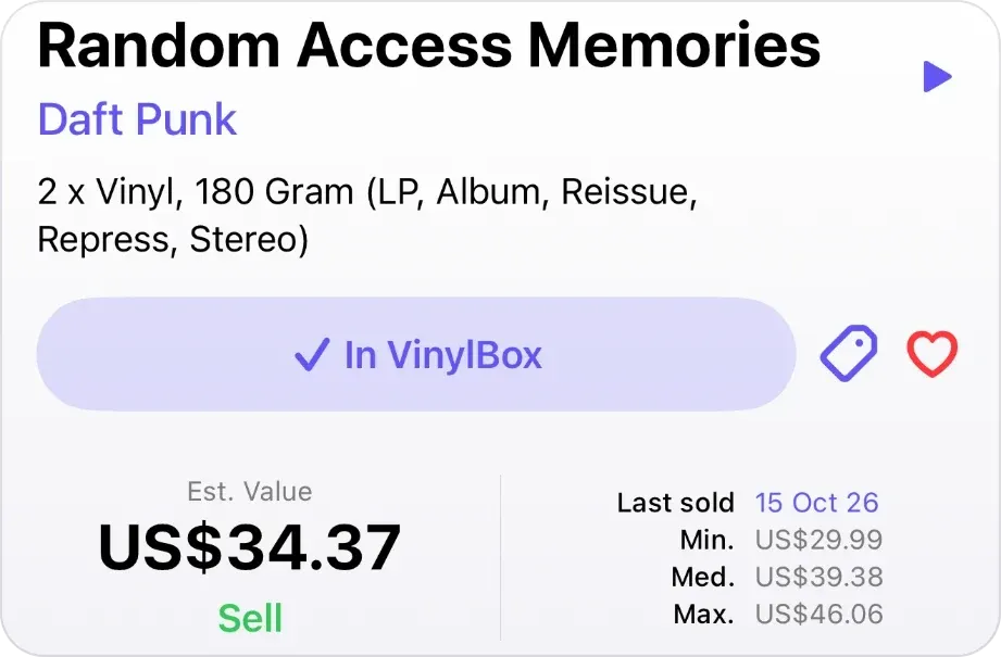 VinylBox release page for Daft Punk’s Random Access Memories on 2 x 180 gram vinyl, showing In VinylBox with tag and heart buttons, Est. Value US$34.37 with a green Sell link, Last sold 15 Oct 26, and Min. US$29.99, Med. US$39.38 and Max. US$46.06