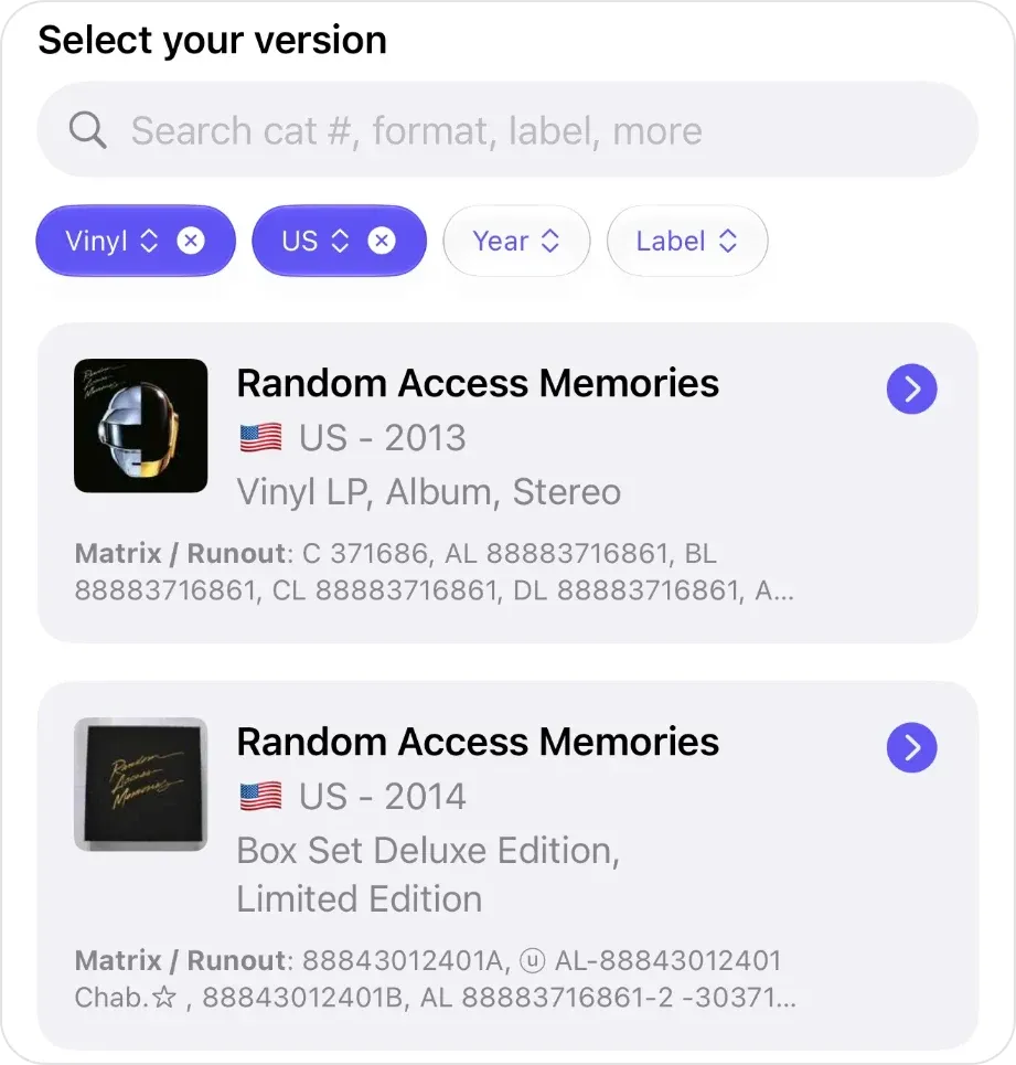 VinylBox “Select your version” screen after a scan of Random Access Memories, with the Vinyl and US filters on and two US vinyl releases listed with their Matrix / Runout values