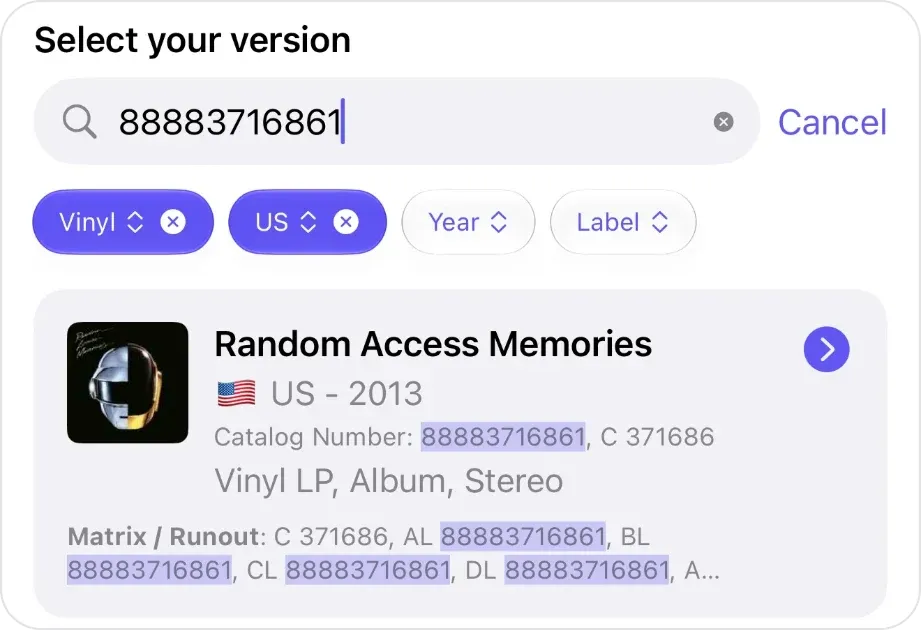 VinylBox “Select your version” search for the catalog number 88883716861, with the number highlighted in a 2013 US vinyl LP’s catalog number and Matrix / Runout values