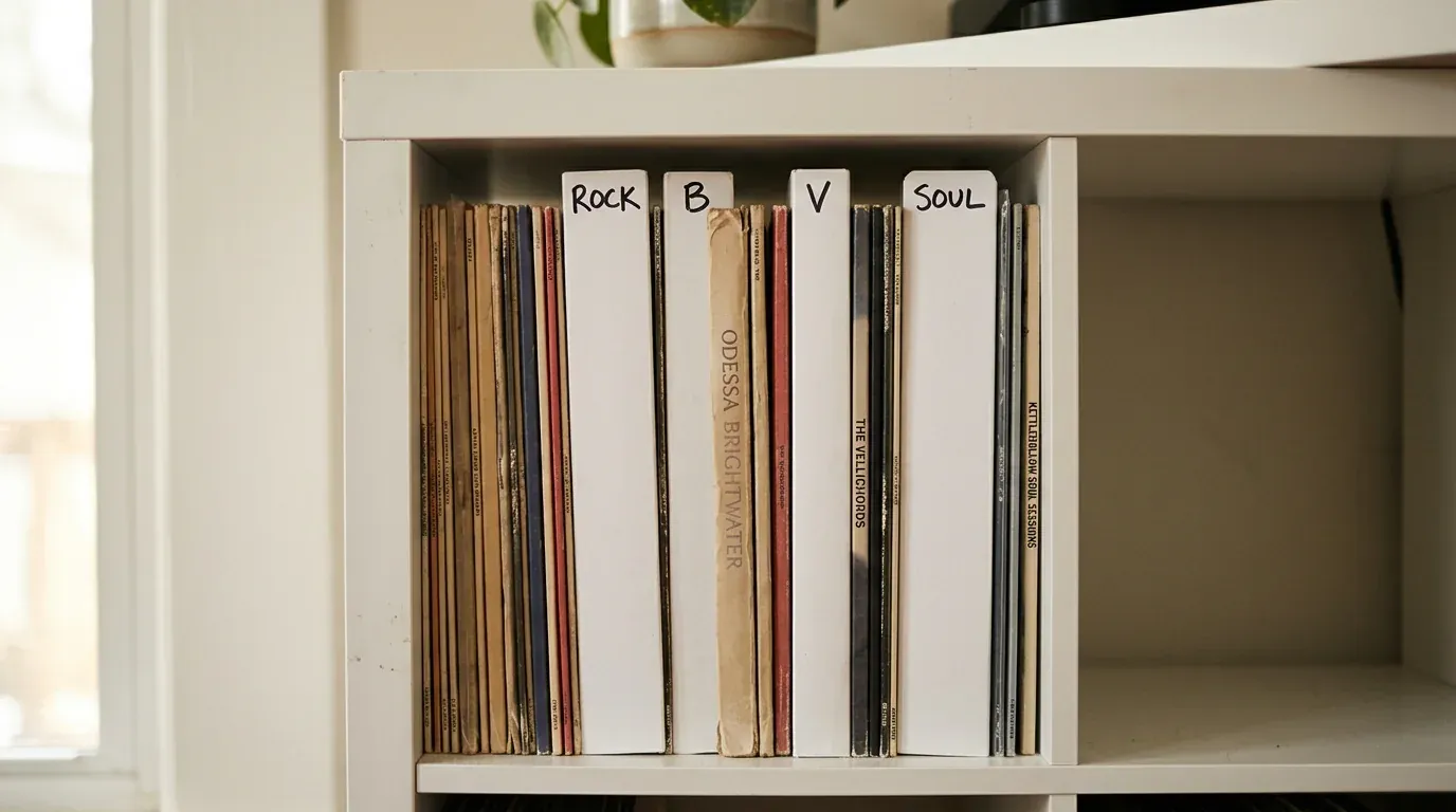 Illustration of fictional vinyl records standing upright in a cube shelf between dividers with handwritten tabs Rock, B, V and Soul, with spines reading Odessa Brightwater and The Vellichords, and a compilation spine at the end of the Soul section