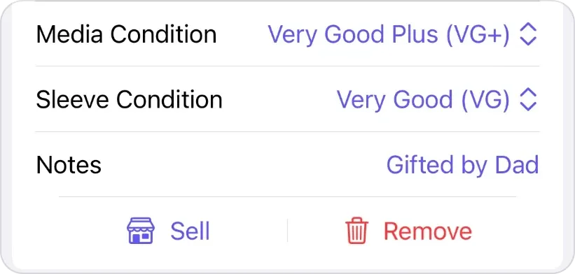 Media Condition Very Good Plus (VG+), Sleeve Condition Very Good (VG) and the note Gifted by Dad in the scan sheet, with Sell and Remove buttons