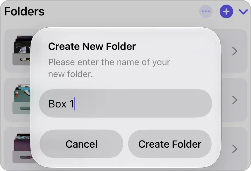 The Create New Folder dialog in My VinylBox, with the folder name Box 1 typed in