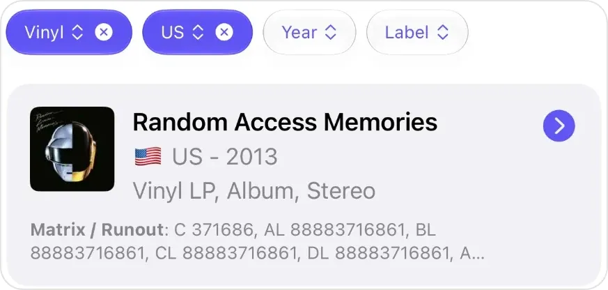 Select your version filtered to Vinyl and US, showing a 2013 US vinyl LP of Random Access Memories with its Matrix / Runout values