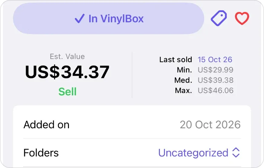 A saved release in the scan sheet: In VinylBox with tag and heart buttons, the release’s estimated value and sold prices, Added on 20 Oct 2026 and Folders set to Uncategorized