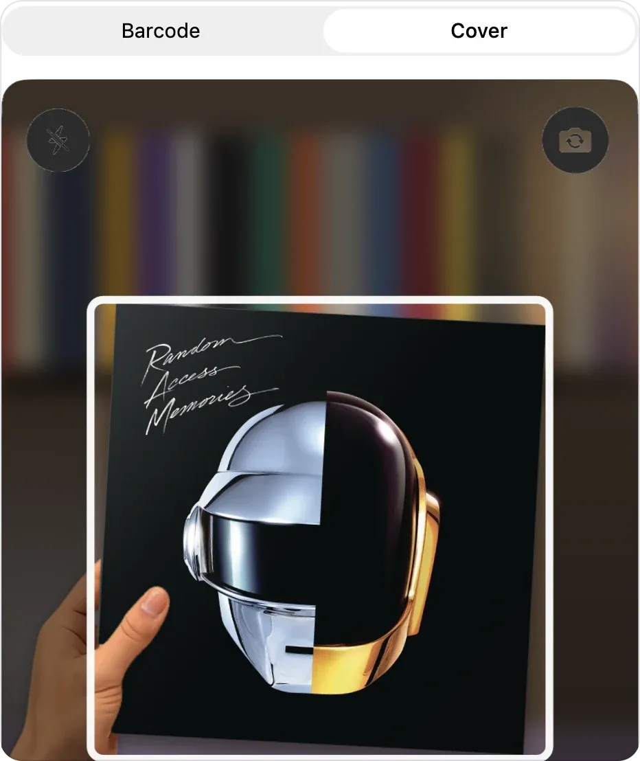 The VinylBox scanner in Cover mode, with the Barcode and Cover options above the camera and the sleeve of Random Access Memories in the frame