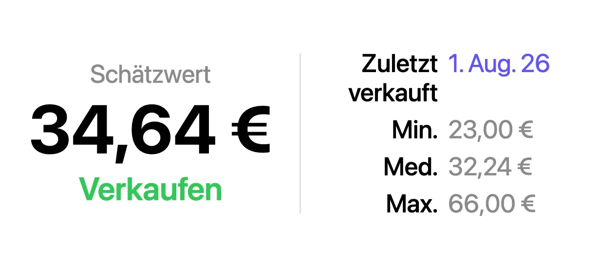 Ein Wertbereich in VinylBox: „Schätzwert“ 34,64 € mit einem grünen Link „Verkaufen“, daneben „Zuletzt verkauft“ 1. Aug. 26 sowie Min. 23,00 €, Med. 32,24 € und Max. 66,00 €