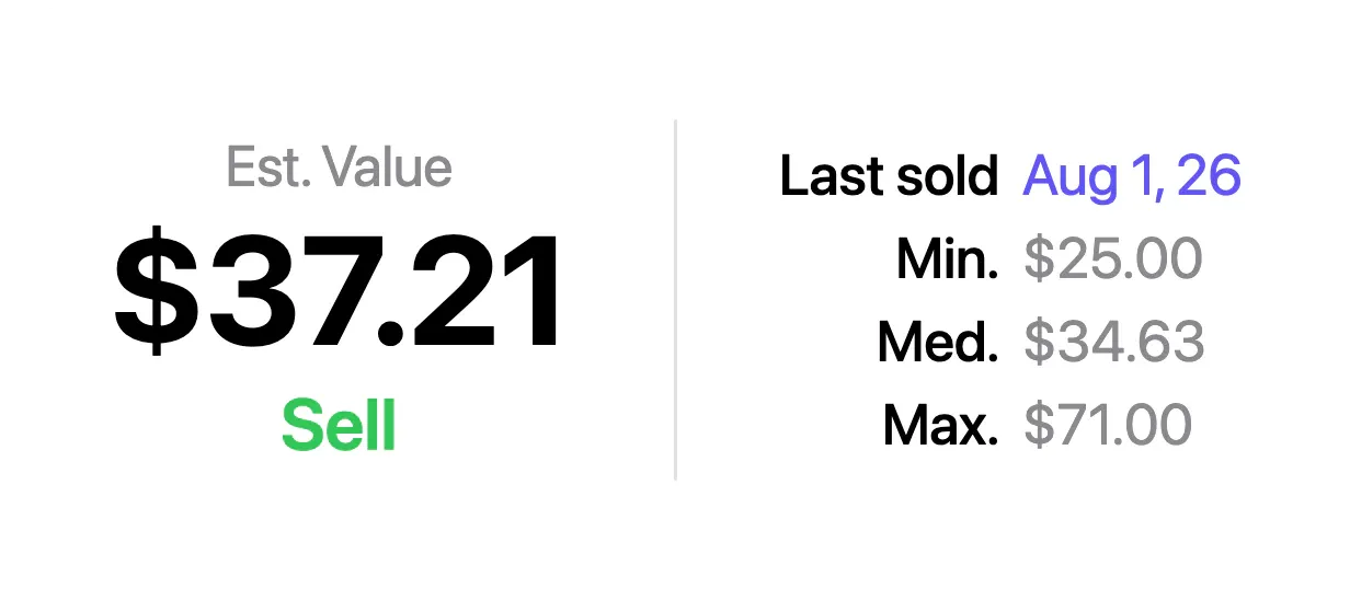 A VinylBox value panel: Est. Value $37.21 with a green Sell link, beside Last sold Aug 1, 26 and Min. $25.00, Med. $34.63 and Max. $71.00