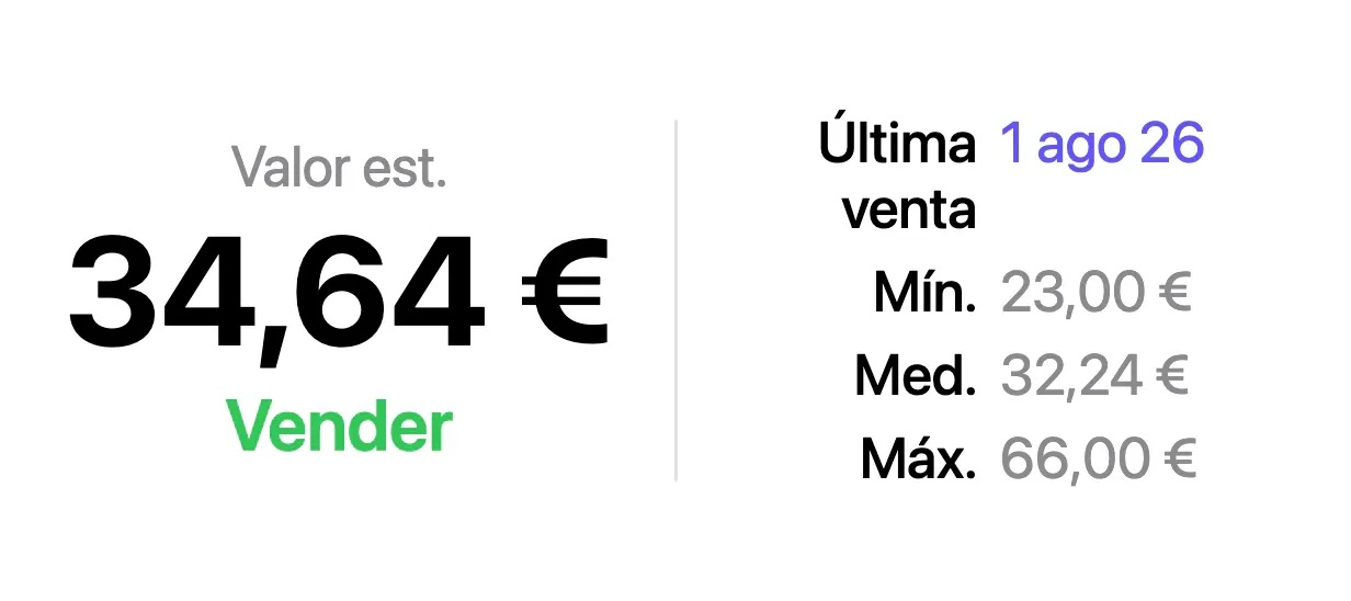 Un panel de valor de VinylBox: “Valor est.” 34,64 € con un enlace verde “Vender”, junto a “Última venta” 1 ago 26 y “Mín.” 23,00 €, “Med.” 32,24 € y “Máx.” 66,00 €