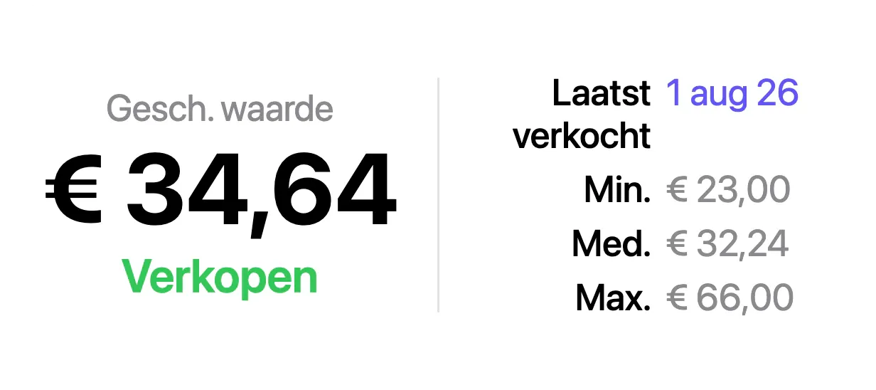 Een waardepaneel van VinylBox: “Gesch. waarde” € 34,64 met een groene link “Verkopen”, naast “Laatst verkocht” 1 aug 26 en Min. € 23,00, Med. € 32,24 en Max. € 66,00