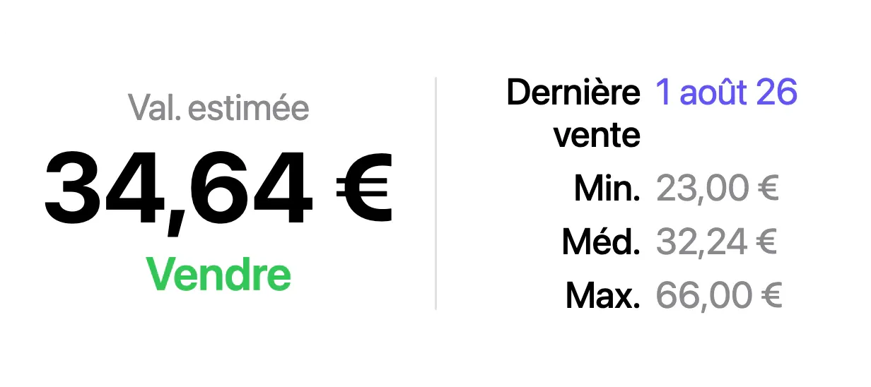 Un panneau de valeur VinylBox : « Val. estimée » 34,64 € avec un lien vert « Vendre », à côté de « Dernière vente » 1 août 26 et « Min. » 23,00 €, « Méd. » 32,24 € et « Max. » 66,00 €